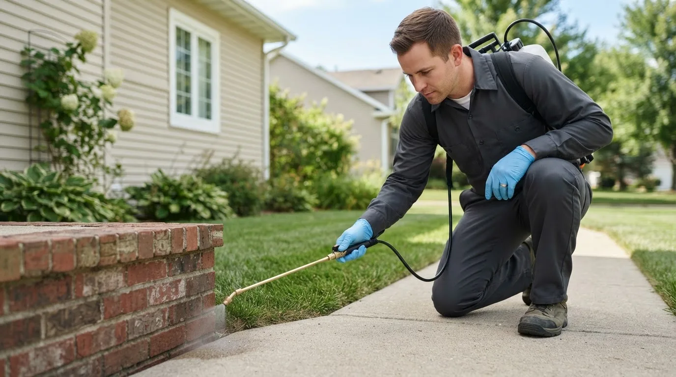 Pest control technician treating a home near Binford, ND