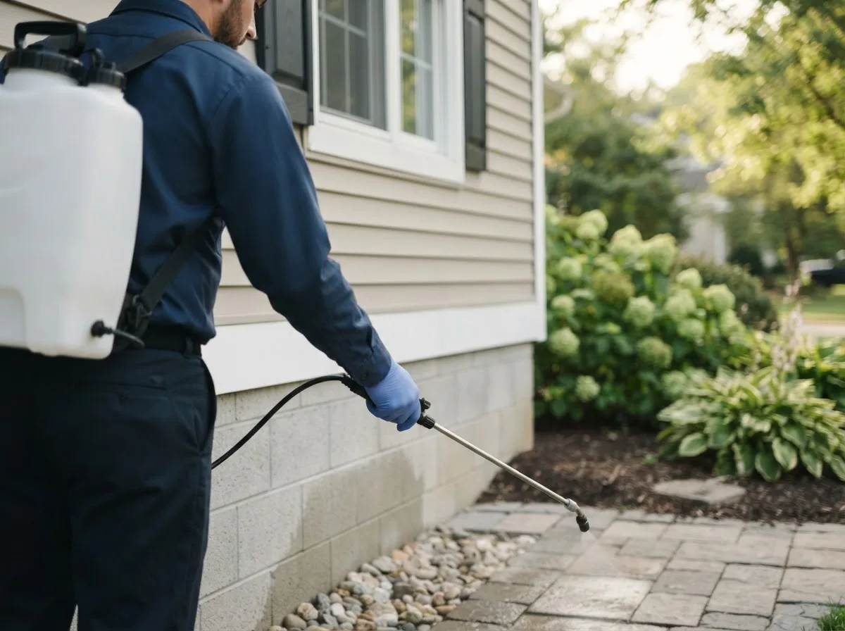 Pest control technician inspecting a home in Binford, ND
